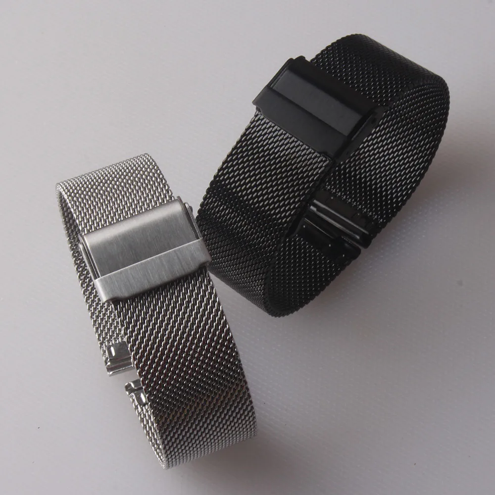 

Ремешок для часов тонкий сетчатый из нержавеющей стали, защитный складной браслет серебристого и черного цвета для наручных часов, аксессу...