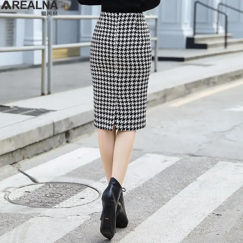 Женская твидовая Юбка До Колена черная офисная юбка из твида в клетку с высокой