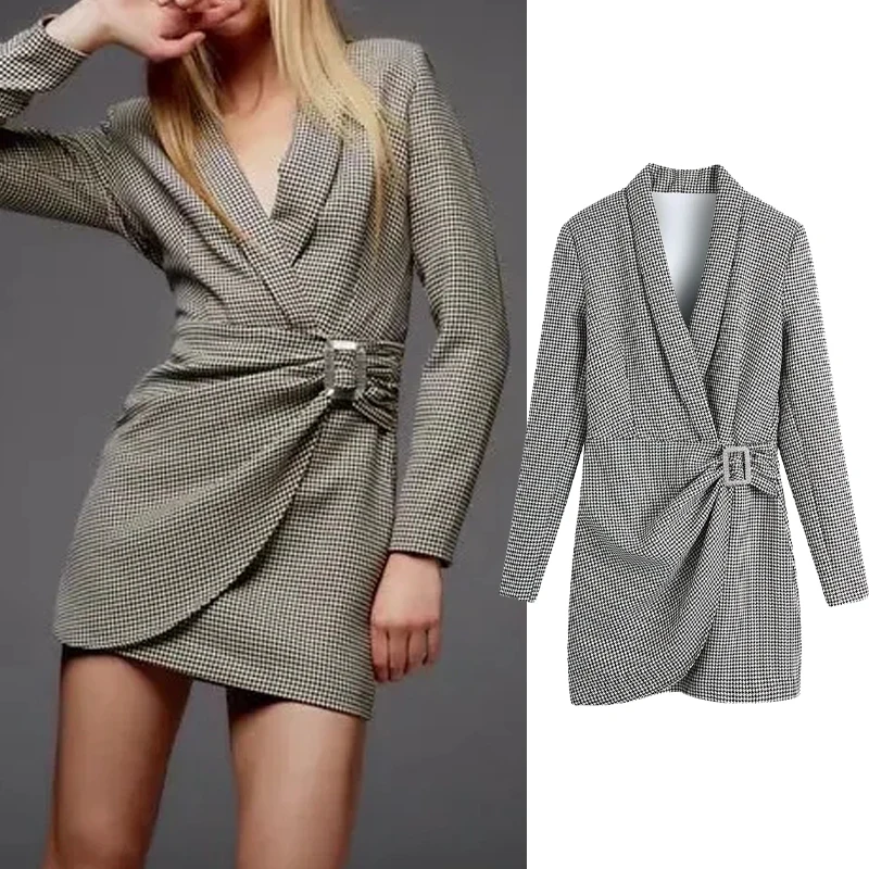 

Женский клетчатый мини-костюм Za, элегантное плиссированное платье с длинным рукавом, V-образным вырезом и пуговицами, осень 2021
