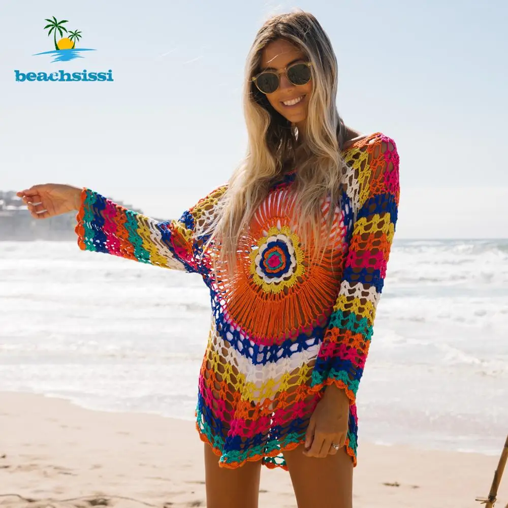 beachsissi colorful knitted cover up bikini women swimsuit lace up kimono 2021 beach dress bathing suit beachwear tunic robe free global shipping