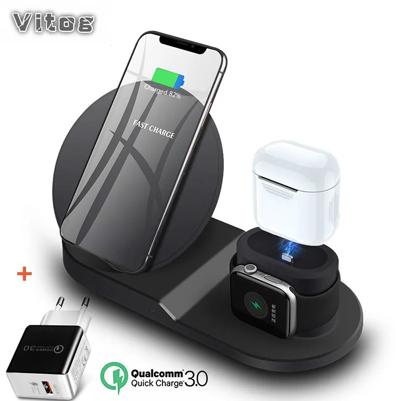 black and EU Новинка 3 в 1 Быстрое беспроводное зарядное устройство для Apple Watch 4 3 2 1 Airpods QI Беспроводное зарядное устройство док-станция для iPhone XR XS MAX Быстрая зарядка - Тип штекера: black and EU