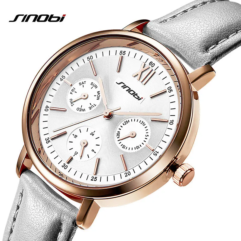 Часы наручные женские с кожаным ремешком роскошные модные многофункциональные