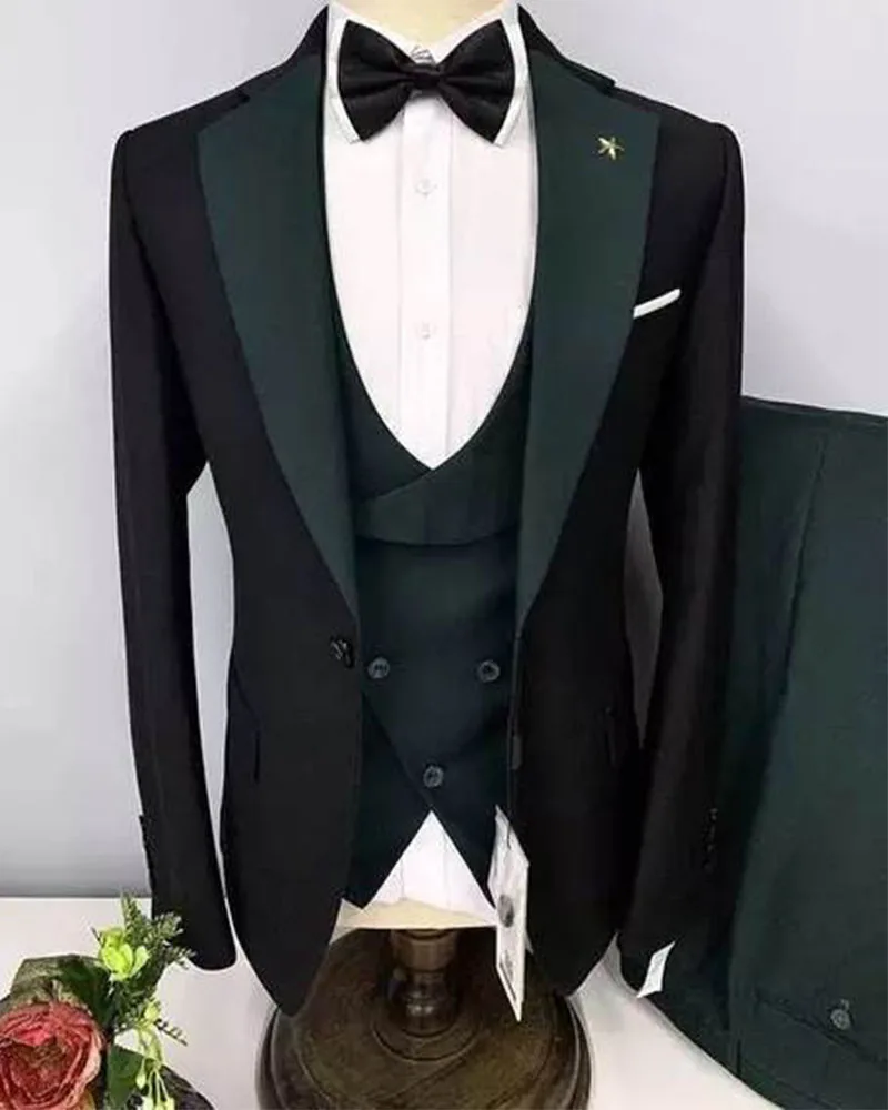 

3 шт., черный блейзер, брюки, зеленая шаль, отворот, мужской костюм, приталенный костюм, смокинг для жениха на свадьбу, выпускной, мульти-пальт...