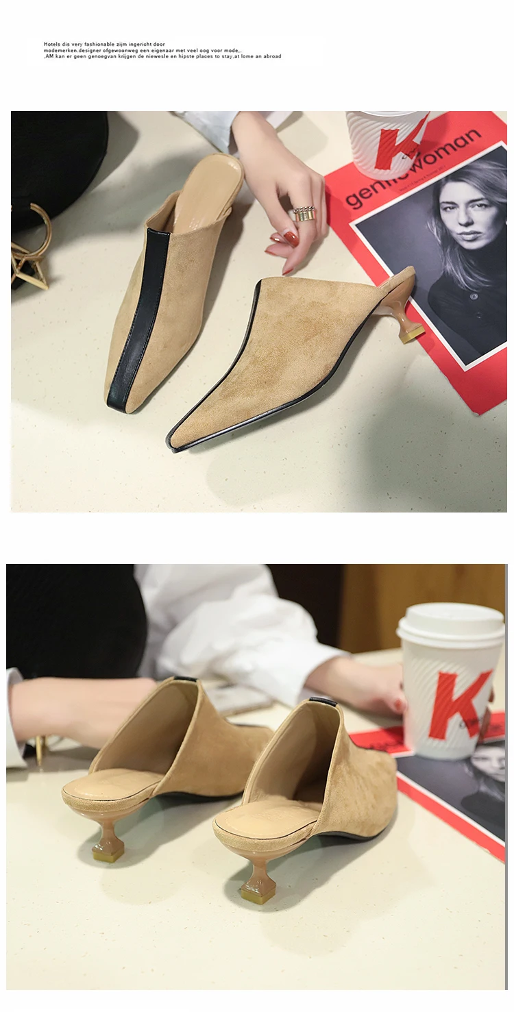 woman mules footwear transparet heel Square Toe soft Strange Style Med Crystal leather black couple warm Sweet