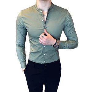 Рубашка мужская с воротником-стойкой, модная блуза из хлопка, с длинным рукавом, в деловом стиле, облегающая сорочка для отдыха, однотонная Повседневная
