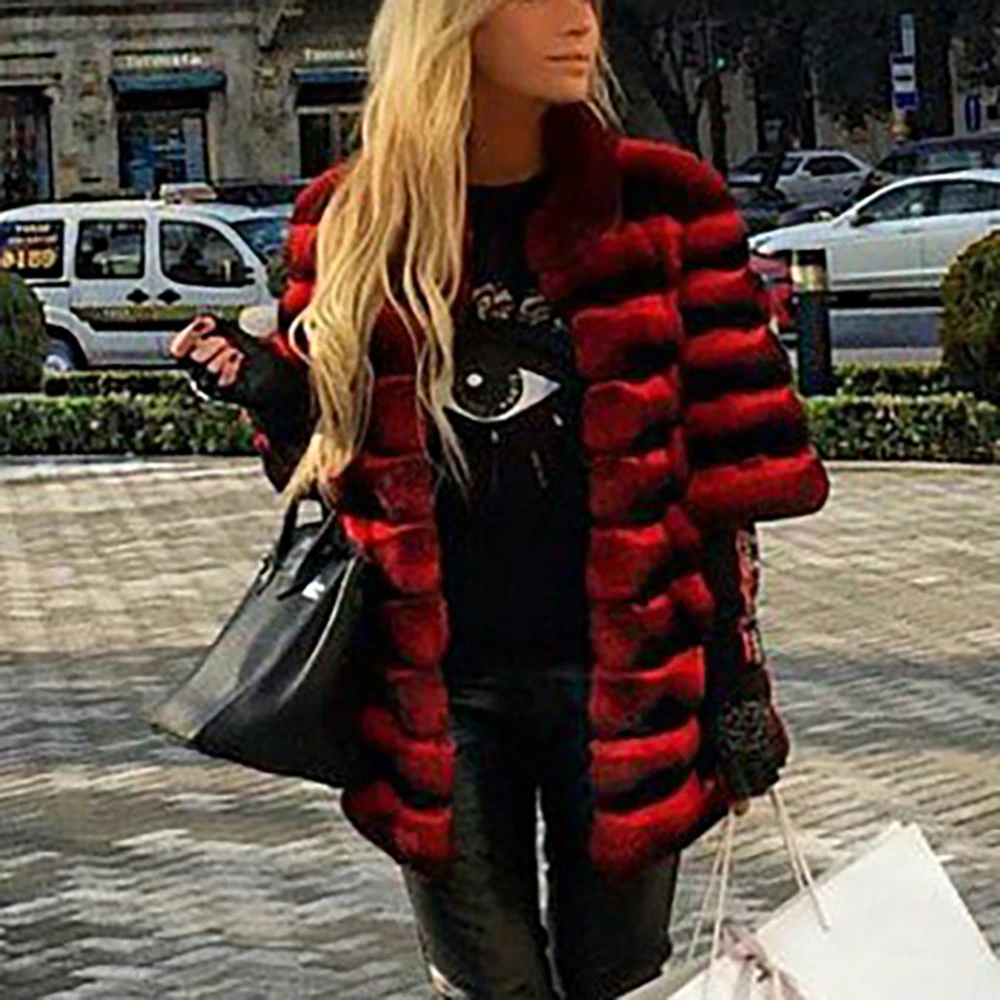 Fashion Red Real Rex Rabbit Fur Coat Medium Length Stand Collar Natural Women Genuine Rex Rabbit Fur Coats Outwear Luxury Woman