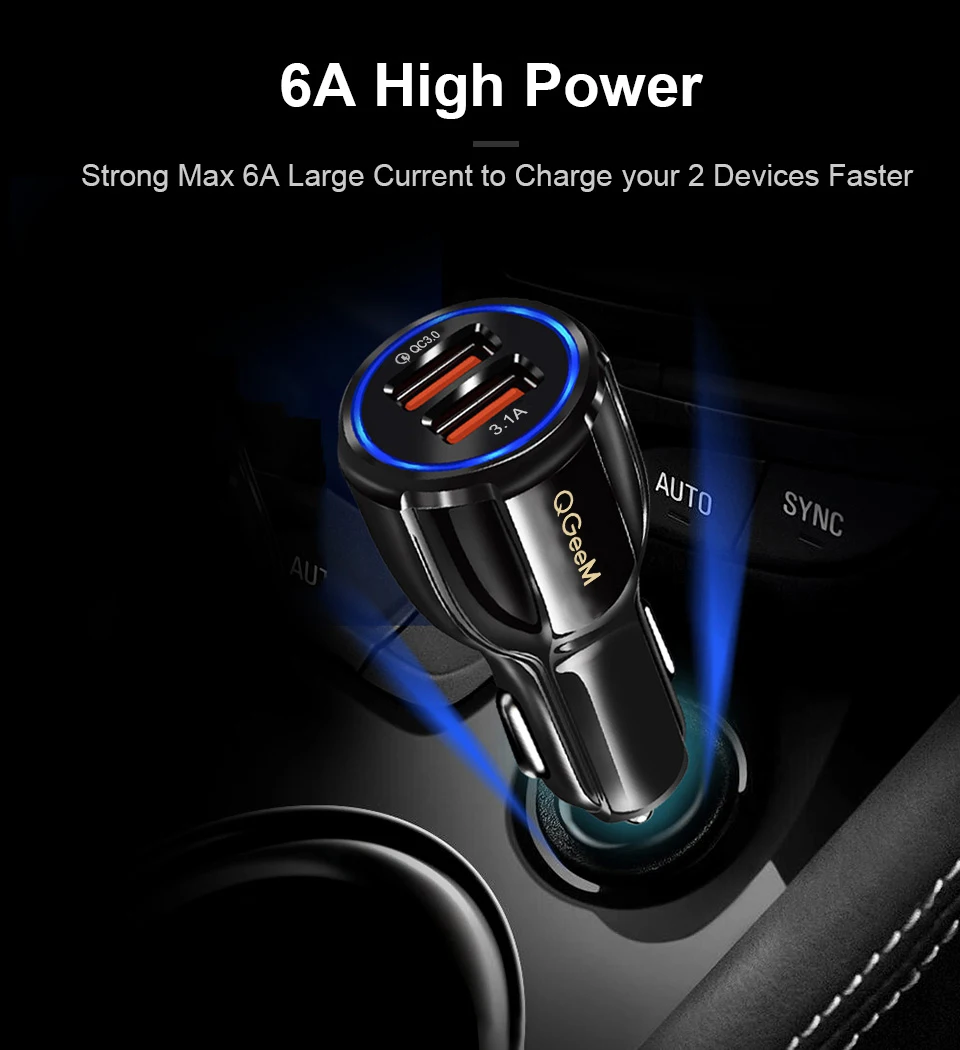 Автомобильное зарядное устройство QGEEM Dual USB QC 3,0, быстрая зарядка 3,0, автомобильное зарядное устройство, 2 порта, USB портативное зарядное устройство для iPhone Xiaomi