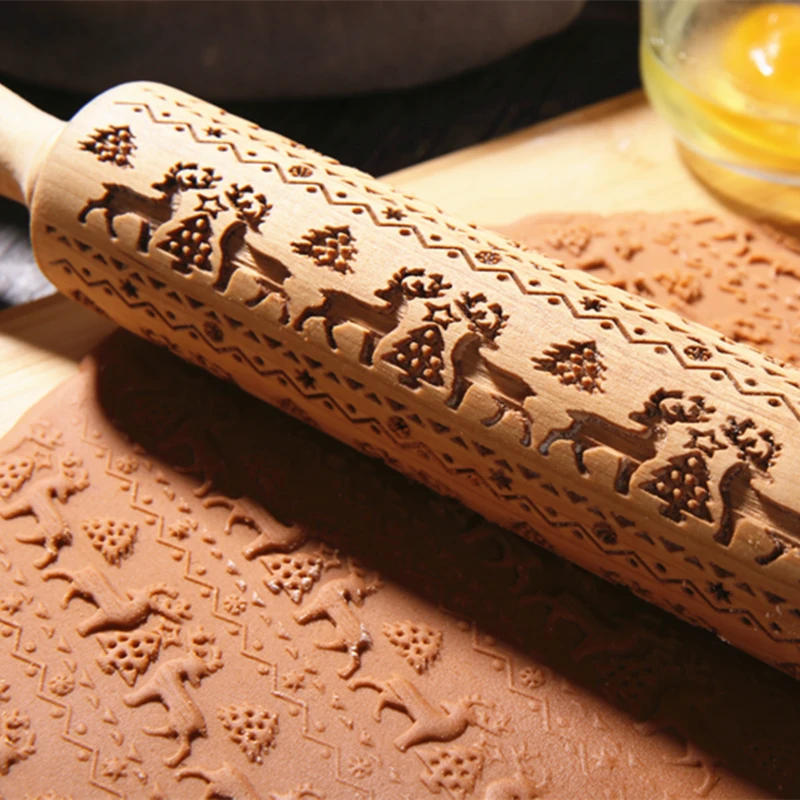 

New Leaf Christmas Deer Wooden Rolling Pin Embossing Baking Cookies Noodle Biscuit Fondant Cake Dough Patterned Roller Snowflake