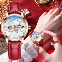 chenxi watches womens red leather rose gold ladies mechanical watch automatic heart shaped hollow luminous watch lady gift reloj