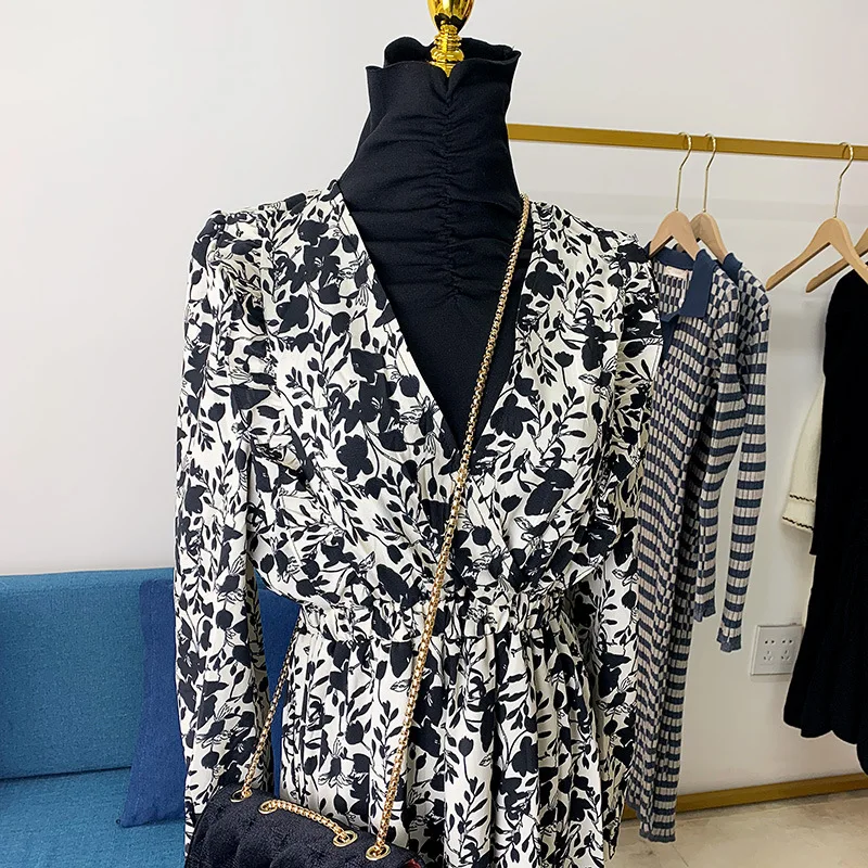 

One-Piece Stand Collar High Waist Long Loose Swing Casual Vintage Floral Print Maxi Dresses Women