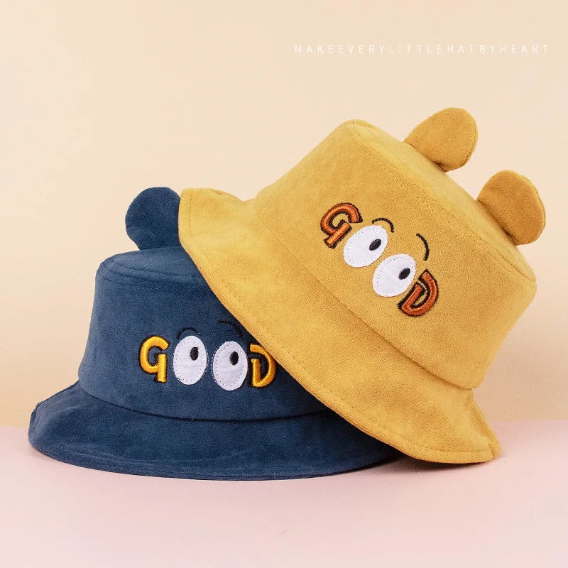 

Baby Windproof Warm Hat Autumn And Winter New Children's Basin Hat Cute Cartoon Eye Embroidery Hat Wild Baby Fisherman Hat