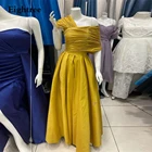 Женское длинное вечернее платье, желто-зеленое ТРАПЕЦИЕВИДНОЕ платье без рукавов, с одним открытым плечом, плиссированное атласное платье для выпускного вечера