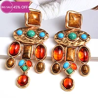 new vintage metal colorful stone earrings high quality crystal dangle long drop earring statement jewelry accessories for women