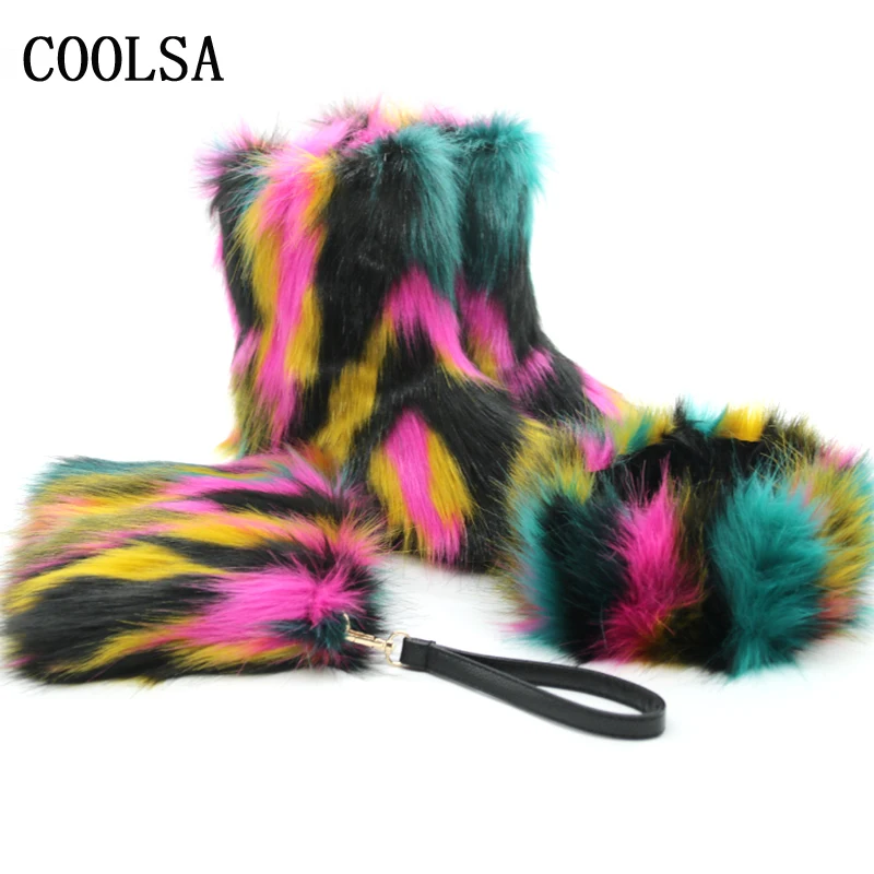 Coolsa/женские зимние ботинки на лисьем меху; комплект с сумкой и повязкой на голову; меховые ботильоны; пушистые плюшевые ботинки; зимняя теплая обувь; женские меховые ботинки на плоской подошве; Botas Mujer - Цвет: mixed set 1