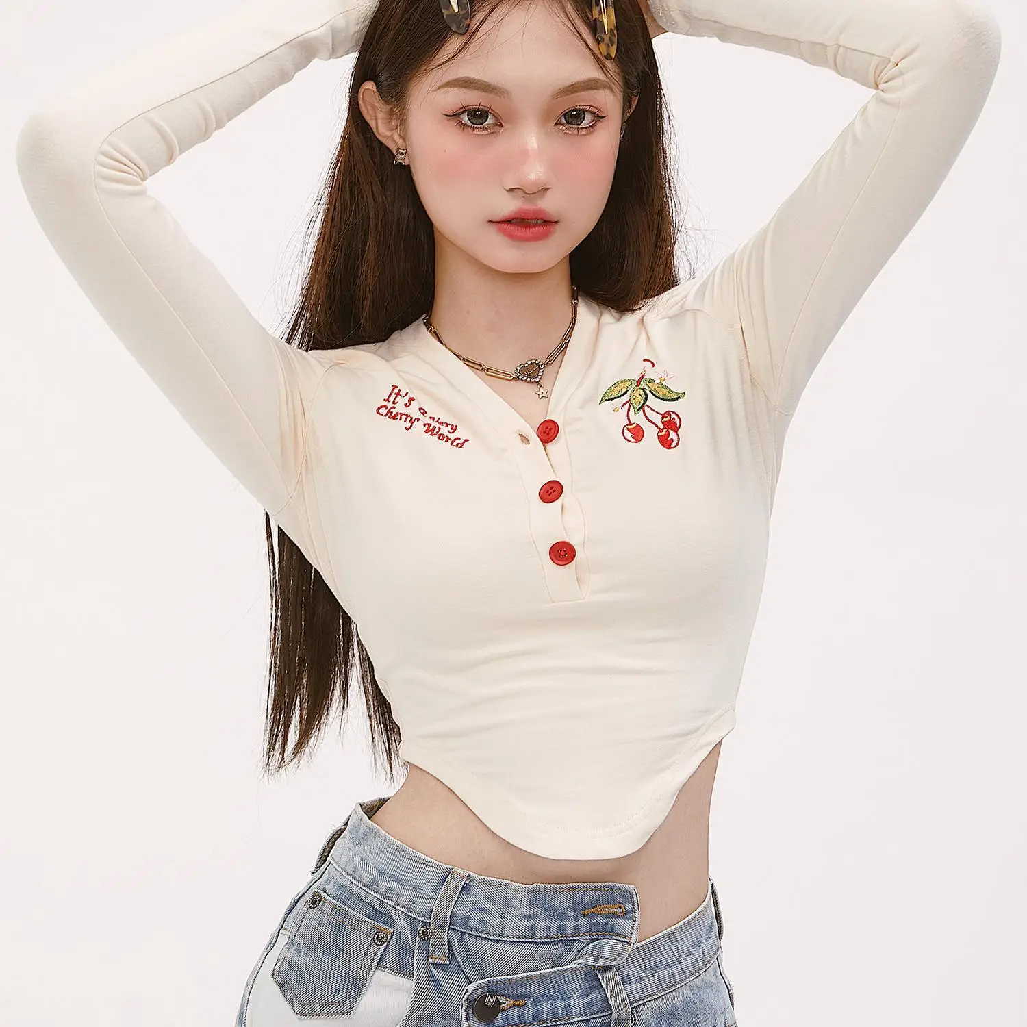 

STSVZORR New Korean Chic Cherry Sexy Top BM Short Slim V-neck Curved Sleeve Long Sleeve T-Shirt Autumn