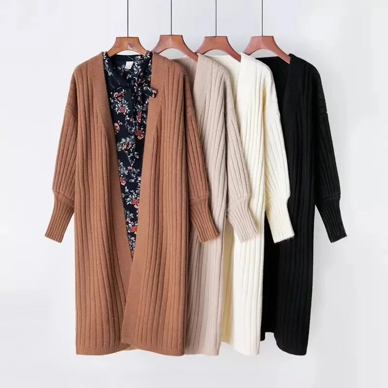 

Осенний Повседневный длинный вязаный кардиган, женские топы, Женский винтажный свободный свитер, пальто, однотонный джемпер большого размера, модная одежда в Корейском стиле