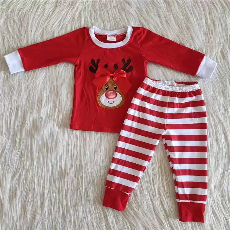 

Осенне-зимняя одежда для девочек, красный топ с принтом рождественского оленя и красно-белые полосатые брюки, пижамный комплект, детская од...
