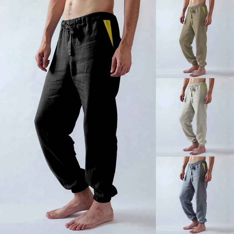 Мужские повседневные свободные спортивные штаны однотонные тонкие льняные