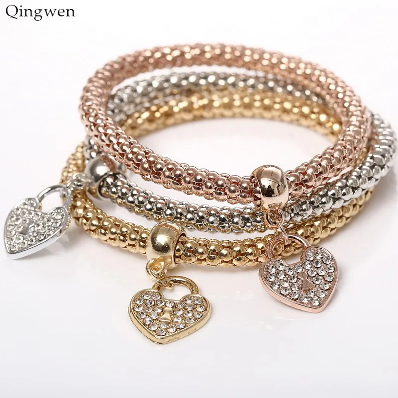 3 шт./компл. браслеты с шармом в виде сердца из розового золота покрытый серебром