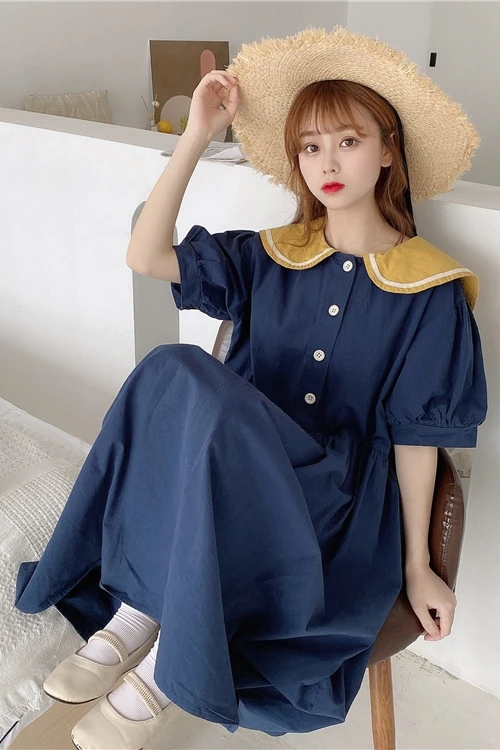 

COIGARSAM Loose Women dress Summer Sailor Collar Panelled Dresses Navy Apricot 8509-1