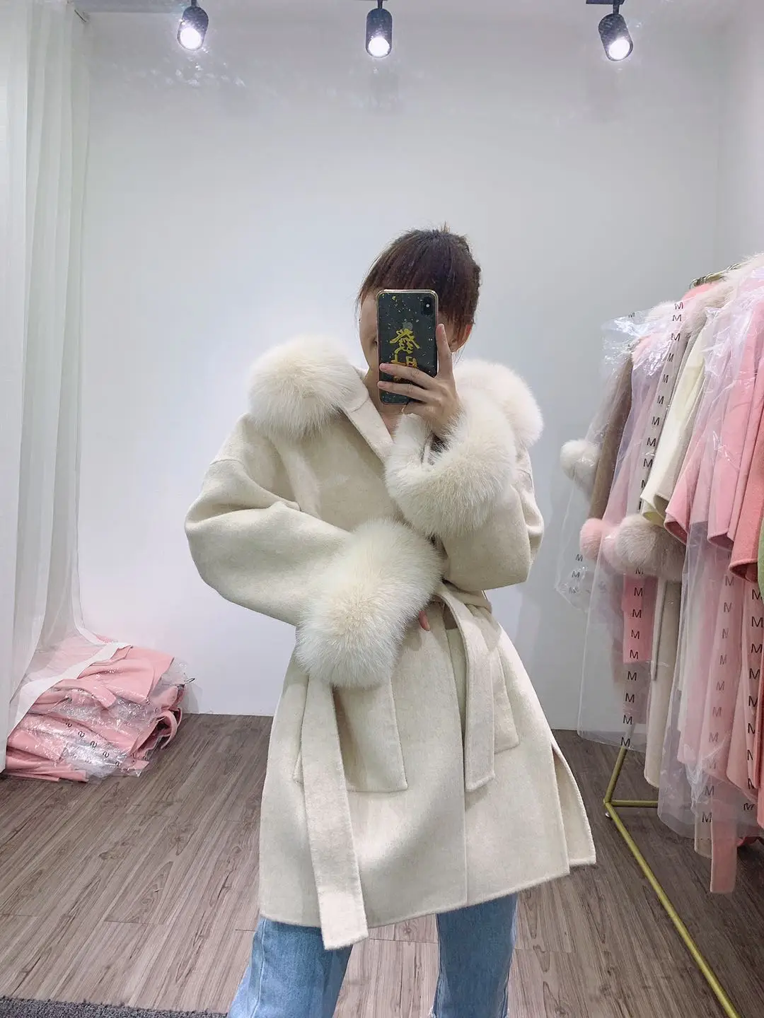 

2021 Real Fur Coat Winter Jacket Women Natural Fox Fur Collar Pocket Cuffs Hood Cashmere Wool Woolen Oversize Outerwear