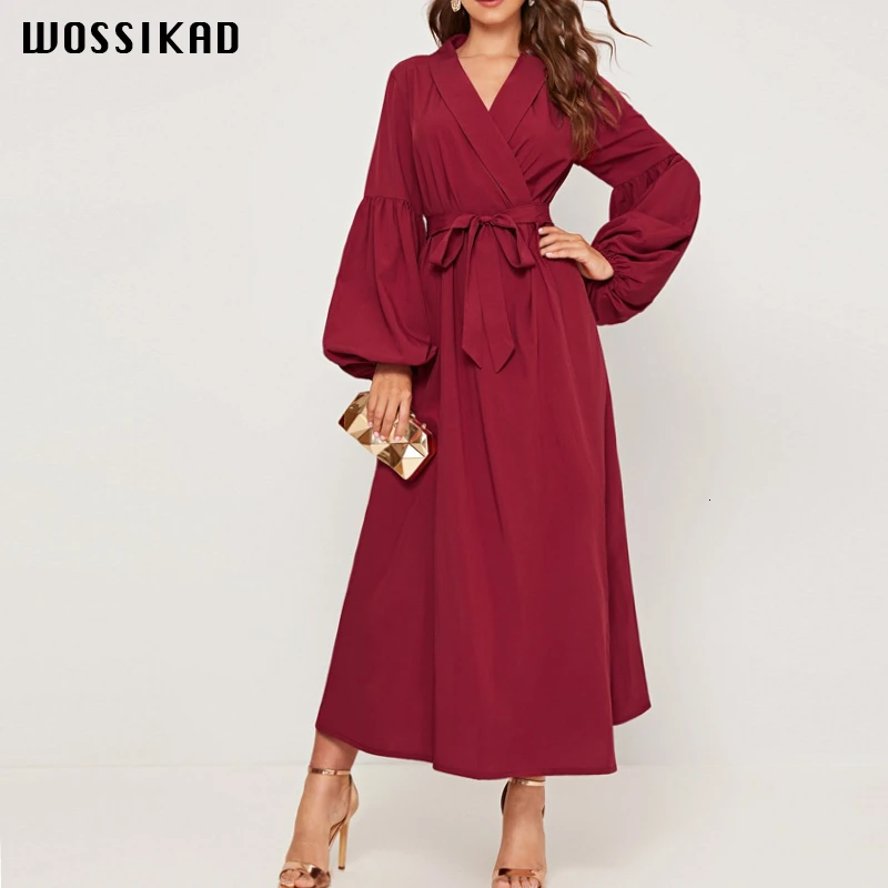 

Dress V-neck Vintage Lantern Long Sleeve Dress Dresses Woman Party Night Retro Free Belt Elegant Dresses Fall 2019 Robes Kaftan