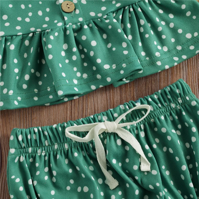 

2Pcs Summer Outfit Set 0-24M Newborn Baby Girls Green/ Pink/ Yellow Clothes Wave Dot Printed Pattern Suspender Tops Shorts