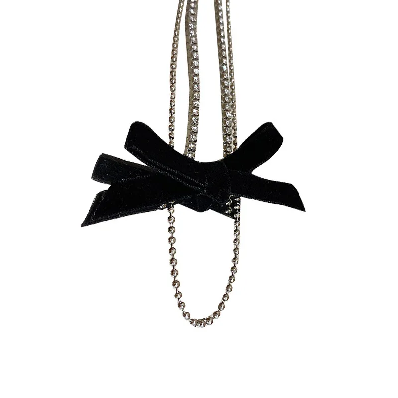 

Minar Double Layer Black Velvet Bowknot Choker Necklace for Women French Rhinestone Beaded Chain Necklace Elegant Party Jewelry