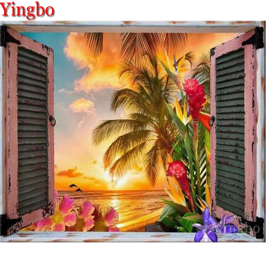 

Seascape beach cross stitch kit 5D Diamond embroidery full square round painting flower window mosaic rhinestone painting decor