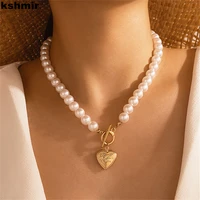 2021 korea fashion jewelry temperamental pearl necklace metal gold one button heart necklace necklace for women jewelry gifts