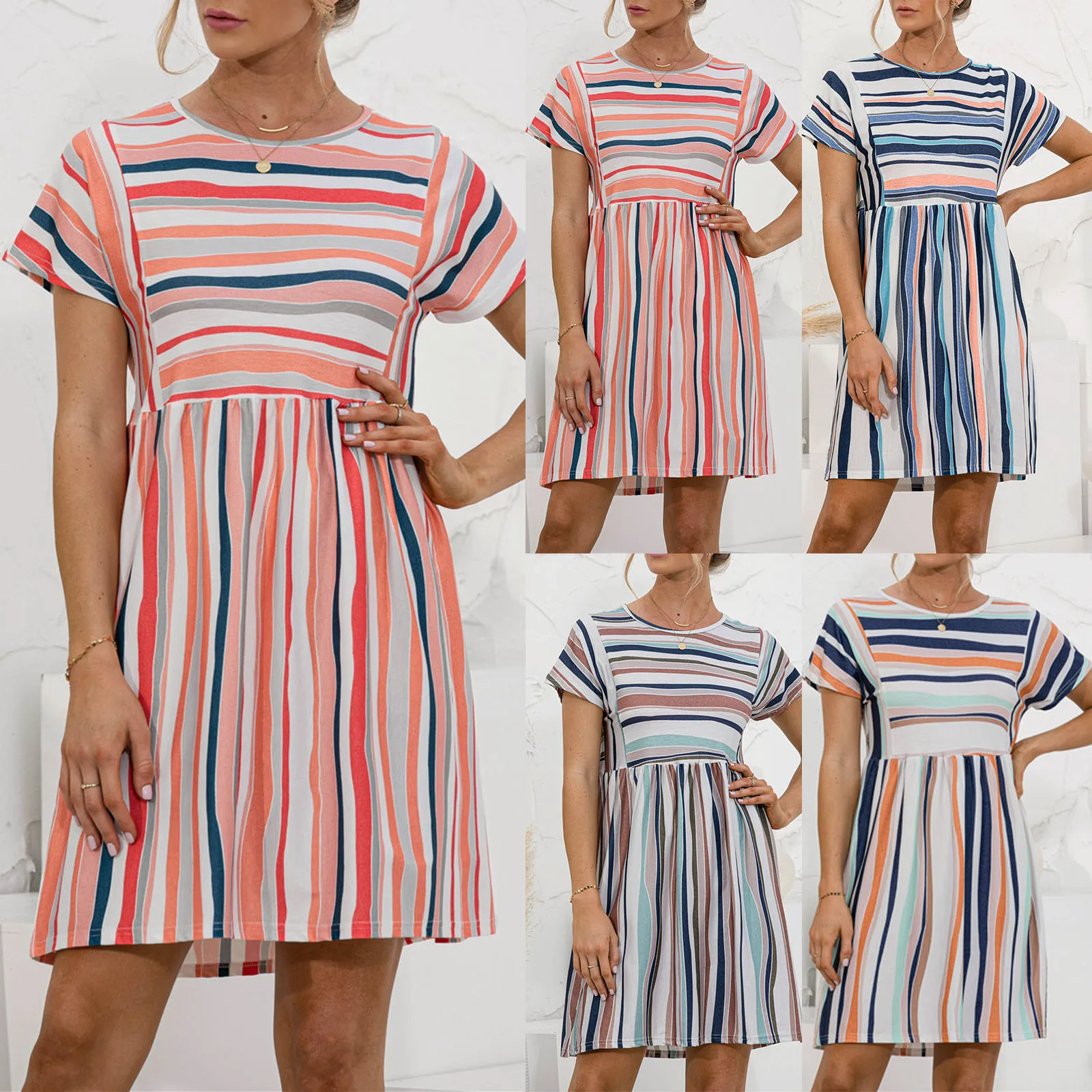 

Retro Striped Dress Women's Summer Sexy O-neck Striped Button Mini Dress Casual Blue Womens Dress Vestido De Mujer vestidos#G