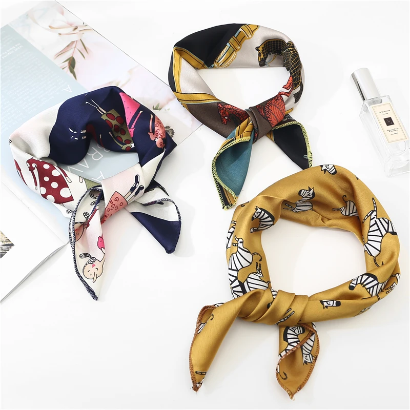 

Women Pink Square Silk Scarf Small Size NeckerChief Office Lady Scarves Handband Striped Dots Printed 50 Color For Choose