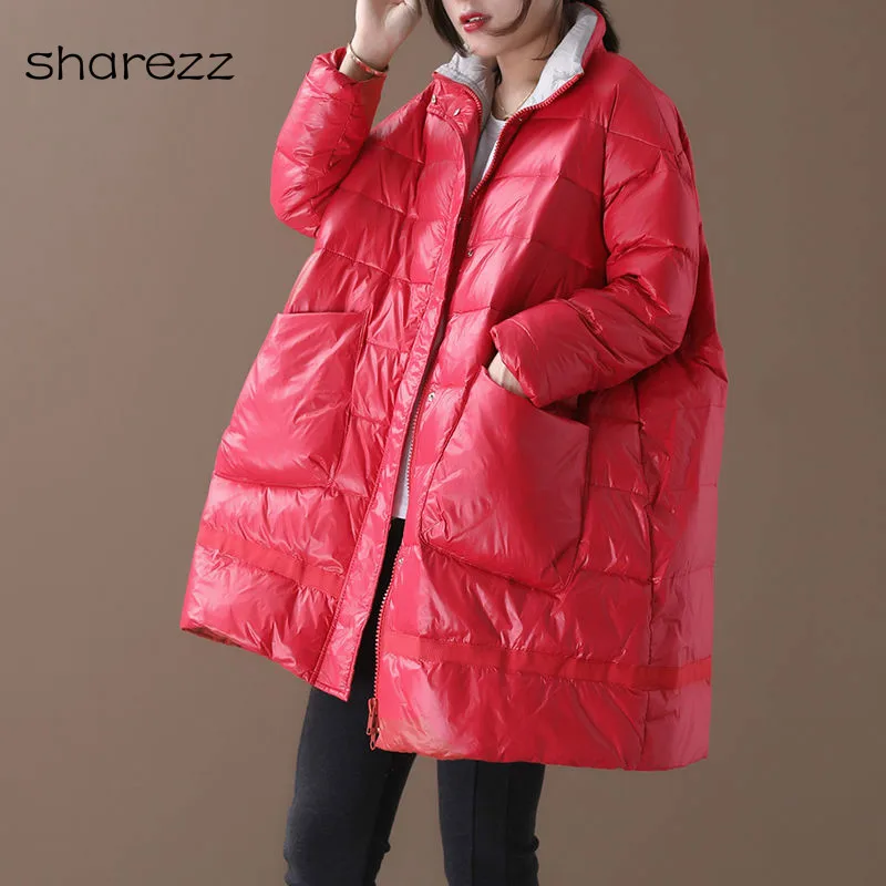 2019 зимняя Глянцевая пуховая парка с капюшоном черные красные женские куртки