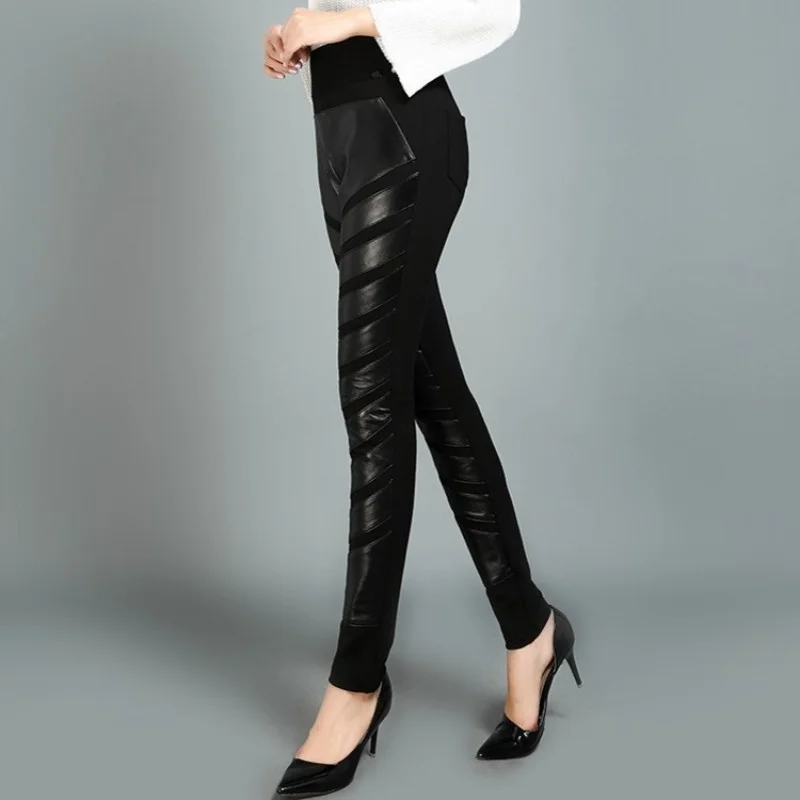 OL Brand Style 100% Sheepskin Pants Women Streetwear Elastic High Waist Pencil Pants Genuine Leather Black Party Trousers Female