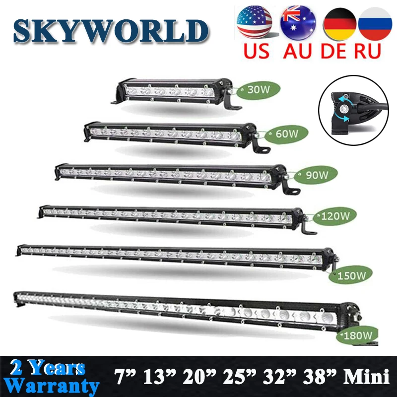 SKYWORLD 30 Вт 60 Вт 90 Вт 120 Вт 150 Вт 180 Вт мини-бар однорядные внедорожных дальнего света работы лайтбар для 4x4 седельный тягач 12V 24V Белый