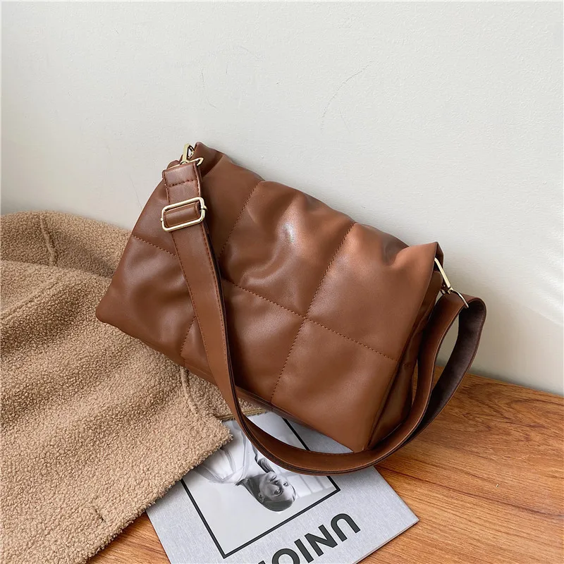 

Casual Soft Pu Leather Shoulder Bags for Women 2021 Winter New Plaid Solid Handbags and Purses Branded Design Crossbody Bag Sac