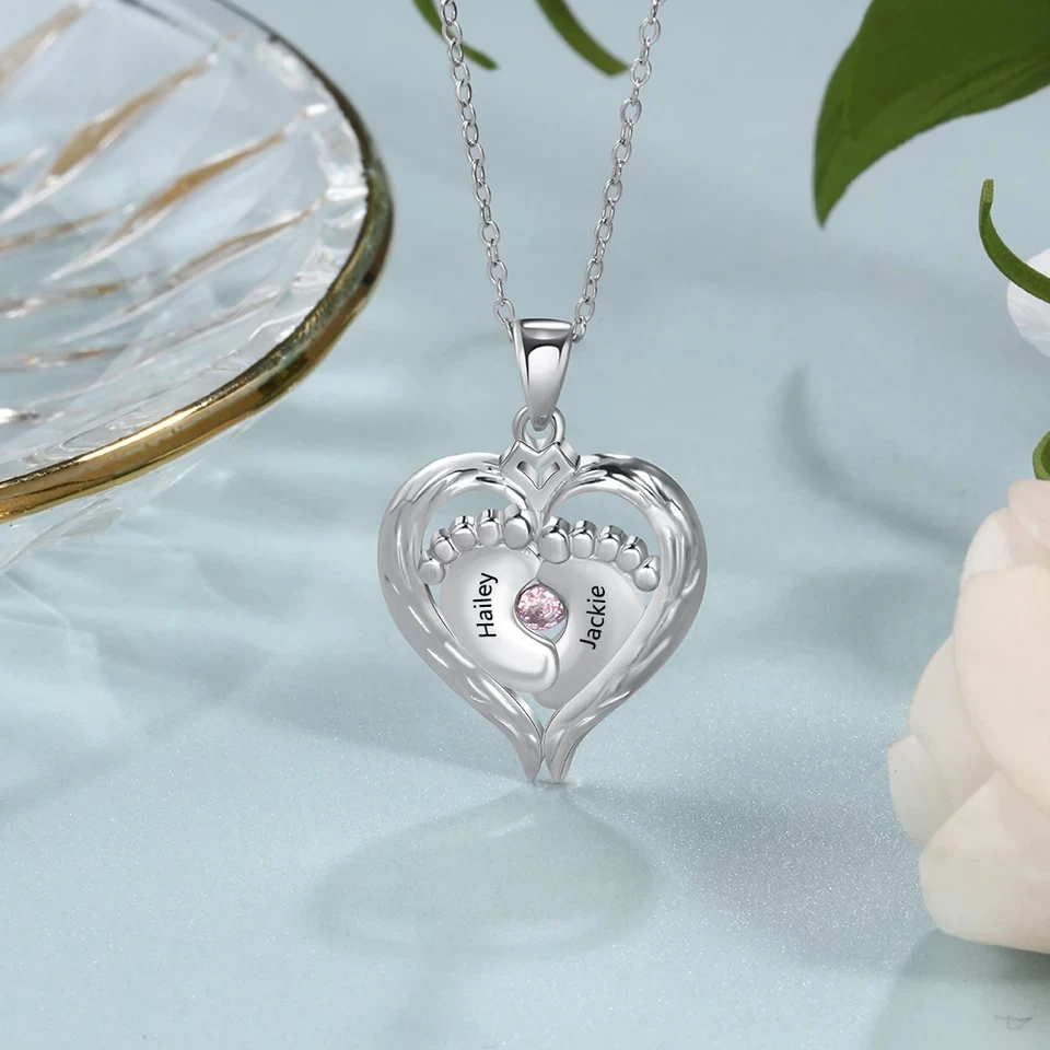 Xiaojing 925 Sterling Silver Engraved Heart Birthstones Pendant Necklace Personalized Custom Name for Mother's Day Gift 2019