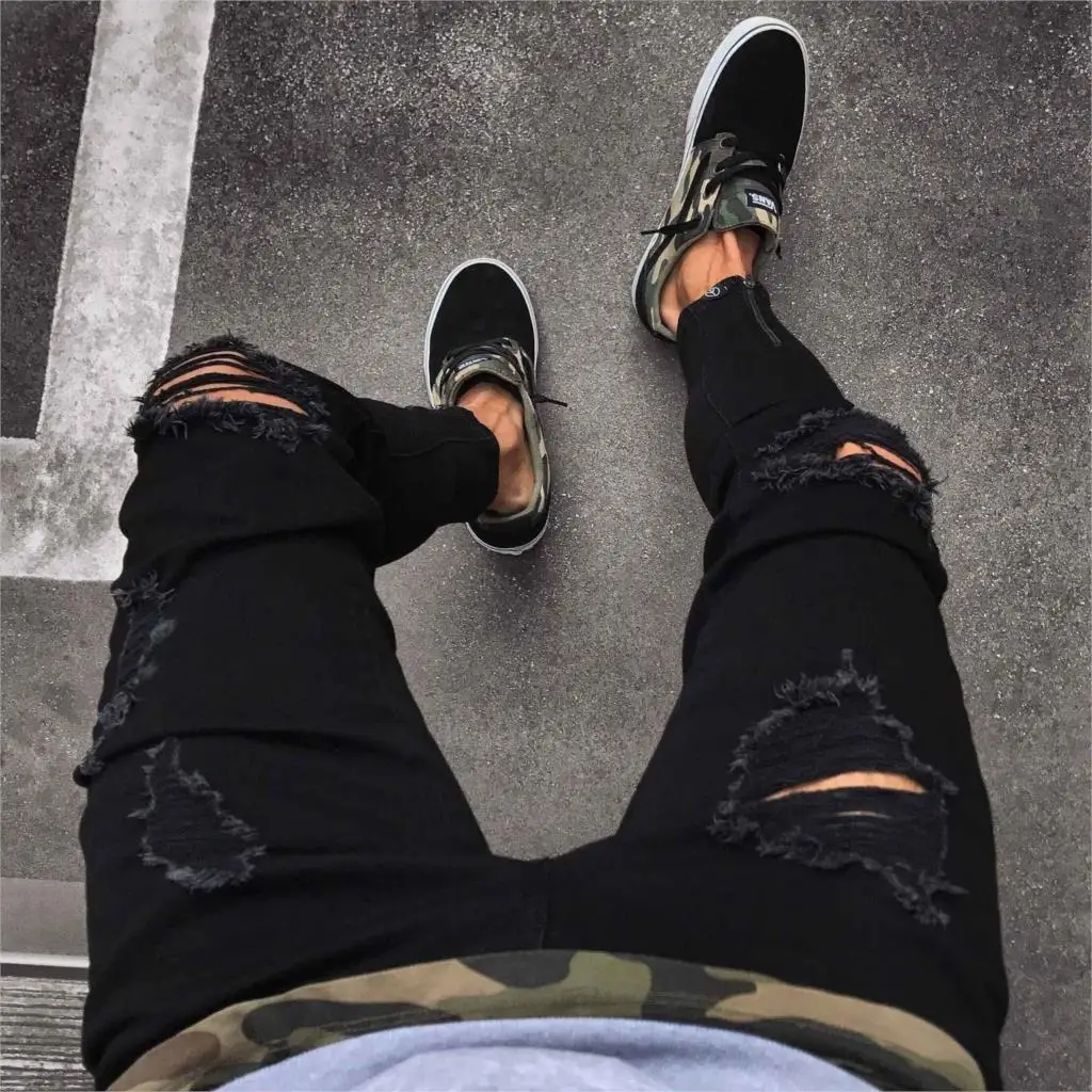 

2021 Black Stretch Skinny Fit Bottom zipper Jeans Men Knee Ripped Distressed Hole biker jeans Pants Hip Hop Street Big Size XXXL