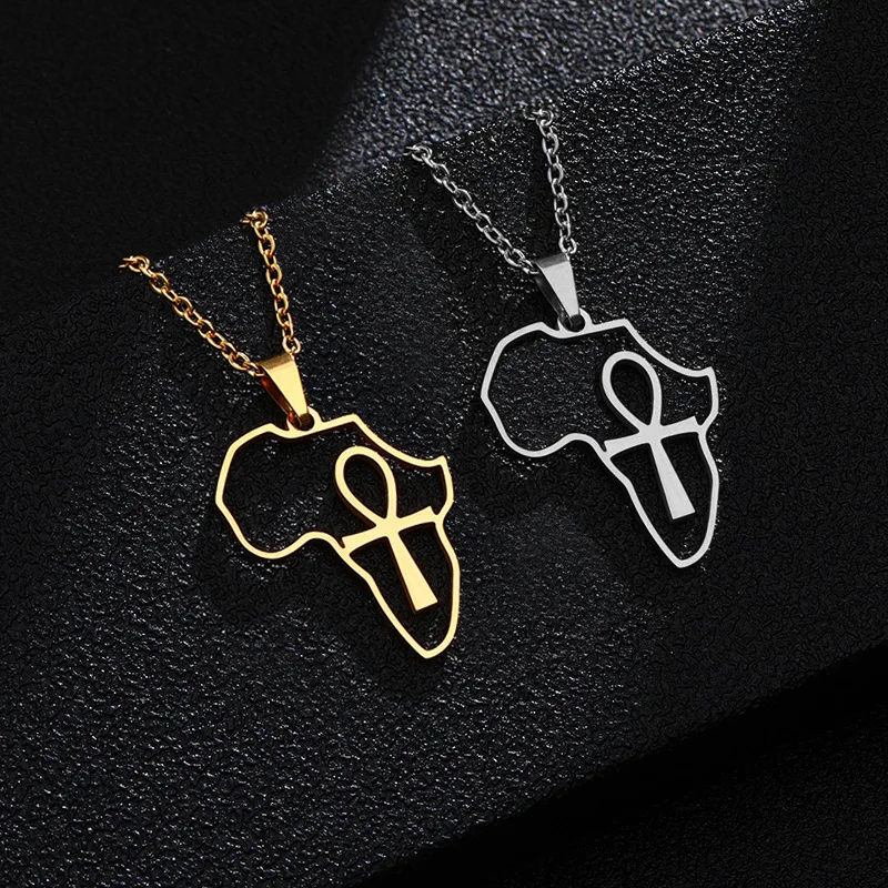 

African Africa Map Pendant With Ankh Gold Color Stainless Steel Hiphop Chains Nceklace For Women Men Jewelry Gift Wholesale