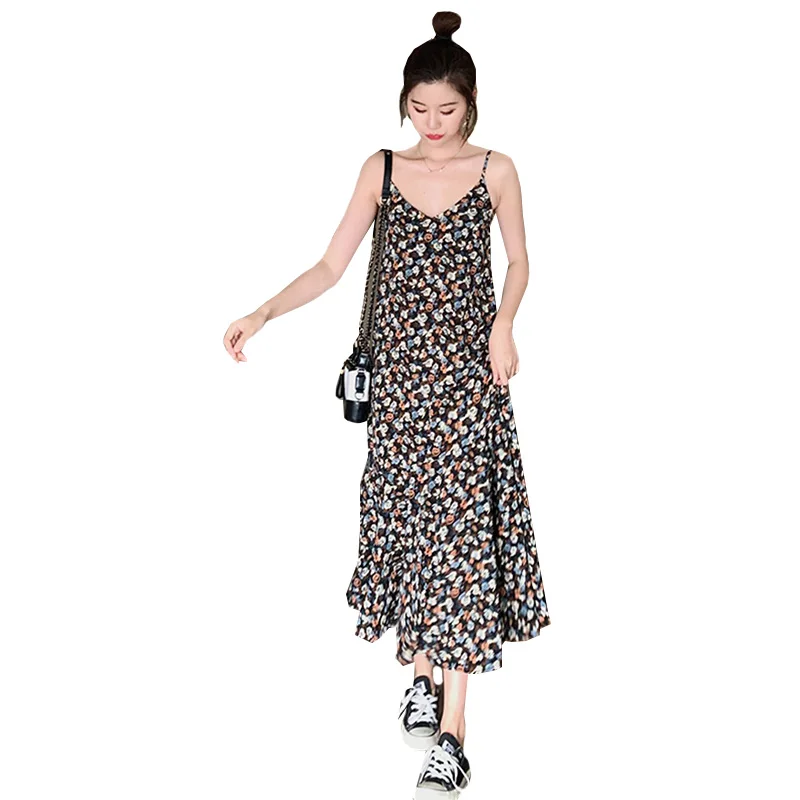 

Floral Sling Dress Women's New Summer Chiffon Dresses Female V-Neck Fashion Pullover Sleeveless Plus Size Long Dress Lady 2021