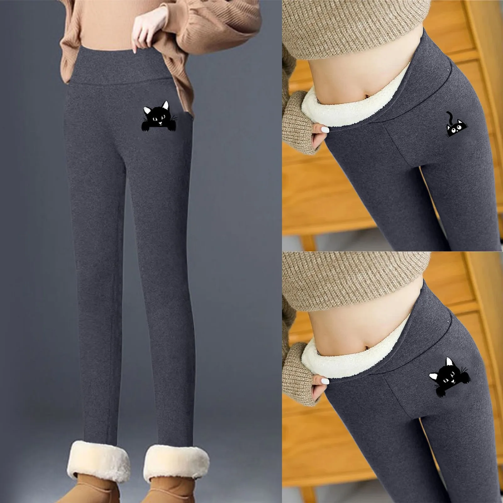 

Новинка 2021, женские осенне-зимние однотонные брюки с принтом кошек для тренировок дома, теплые плюшевые брюки с эластичным поясом, леггинсы