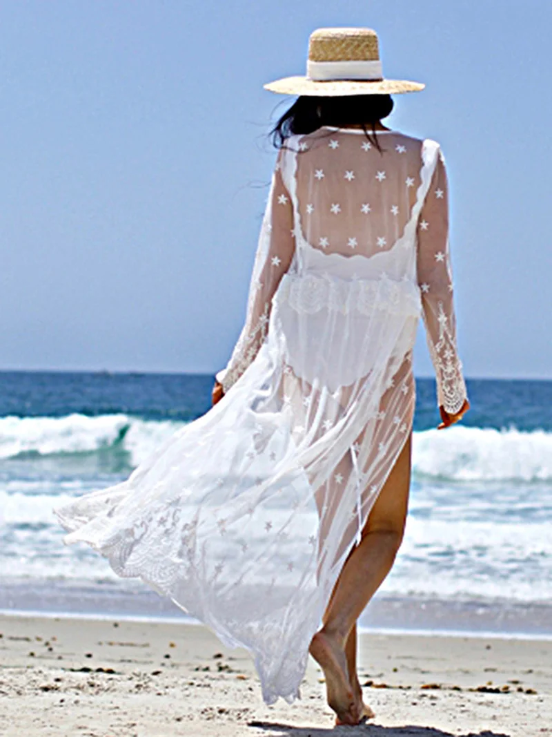 Fitshinling 2020 Holiday Lace Beach Cover Up Swimwear Transparent White Sexy Hot kimono Boho Long Cardigan Bikini Outing Sale | Женская