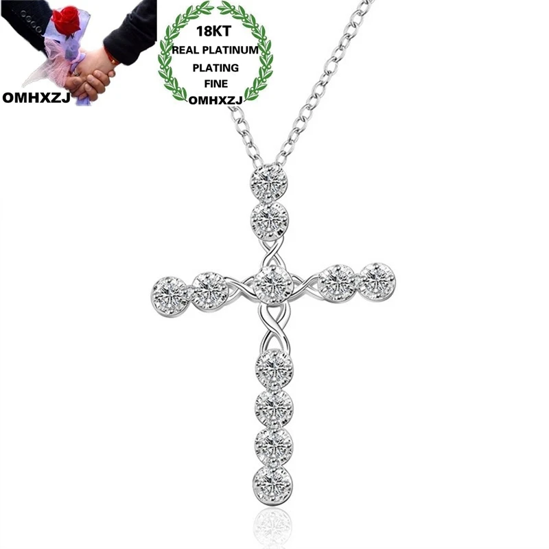 

OMHXZJ Wholesale NA343 European Fashion Woman Party Birthday Wedding Gift Life Cross AAA Zircon 18KT White Gold Pendant Necklace