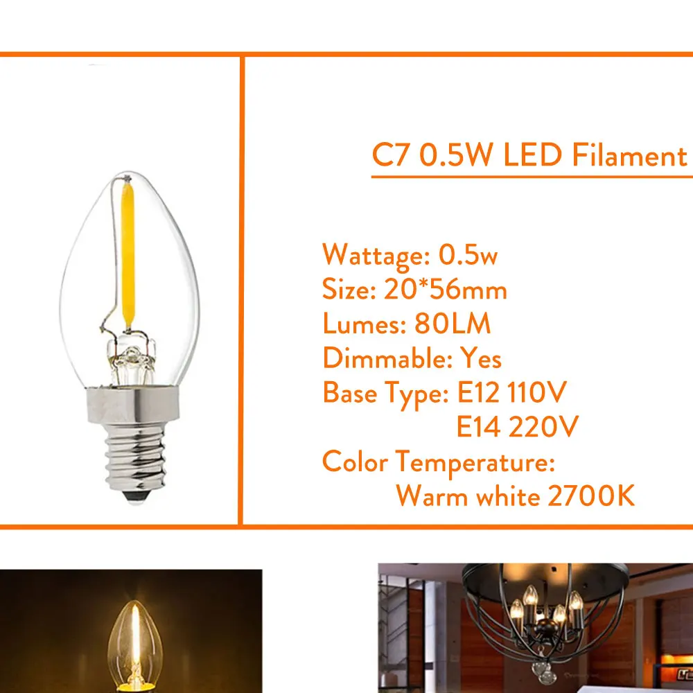 Dimmable T20 C7 E12 110V Светодиодный светильник 0,5 W 1W 2W Светодиодный светильник E14 220V Ретро Мини светодиодный светильник Edison холодильник 240V 130V
