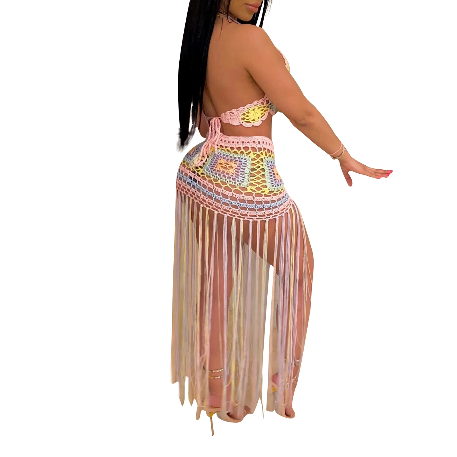 Summer Women Sexy Two-piece Clothes Casual Set Multicolor Deep V-neck Sleeveless Crop T-shirt and Long Skirt