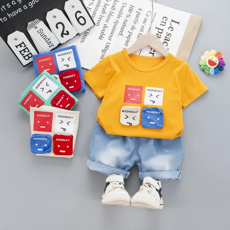 

Baby Boys Clothing Sets 2021 New Summer Kids Girls Expression Print T Shirt +denim Shorts 2pcs Toddler Fashion Clothes Suits