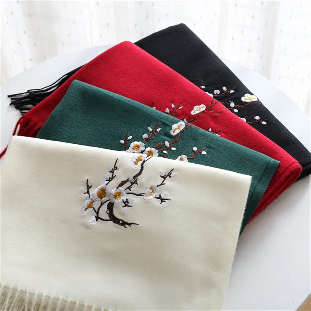 

2021 new ladies autumn and winter scarf shawl scarf pure color embroidered warm embroidered plum blossom all-match fashion