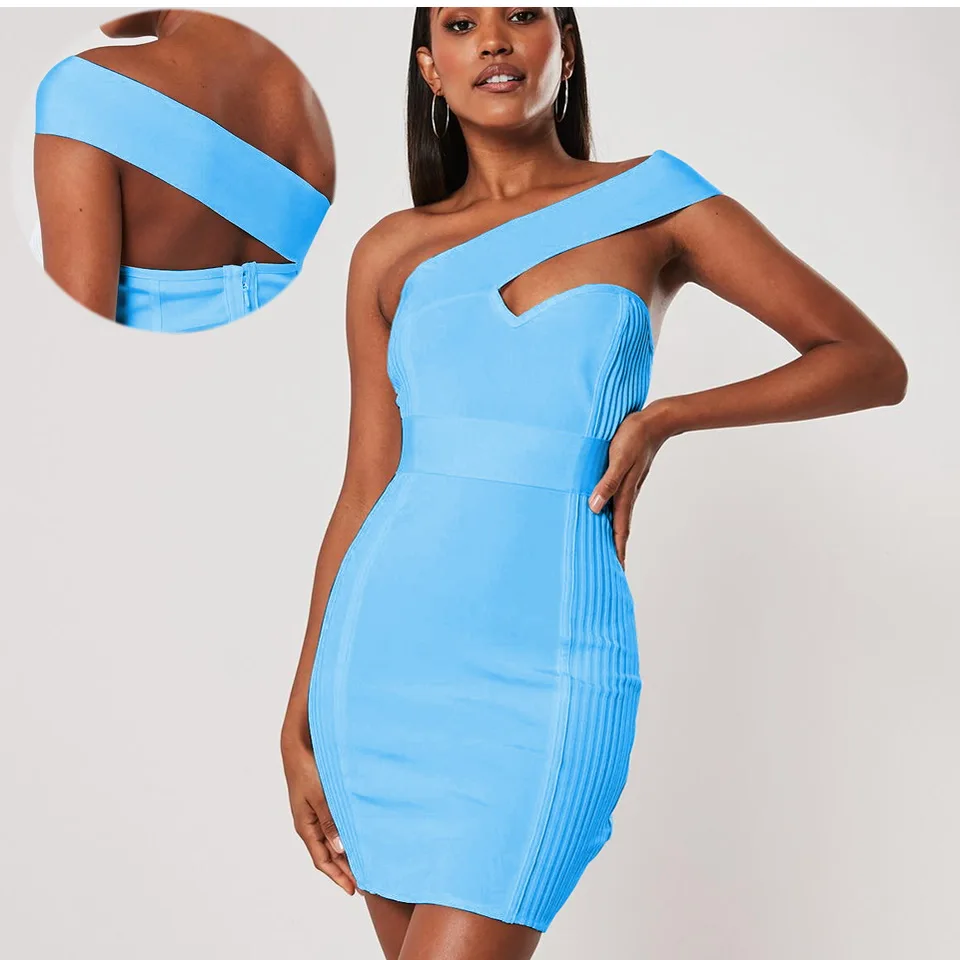 Женское облегающее мини платье на одно плечо с V образным вырезом короткое