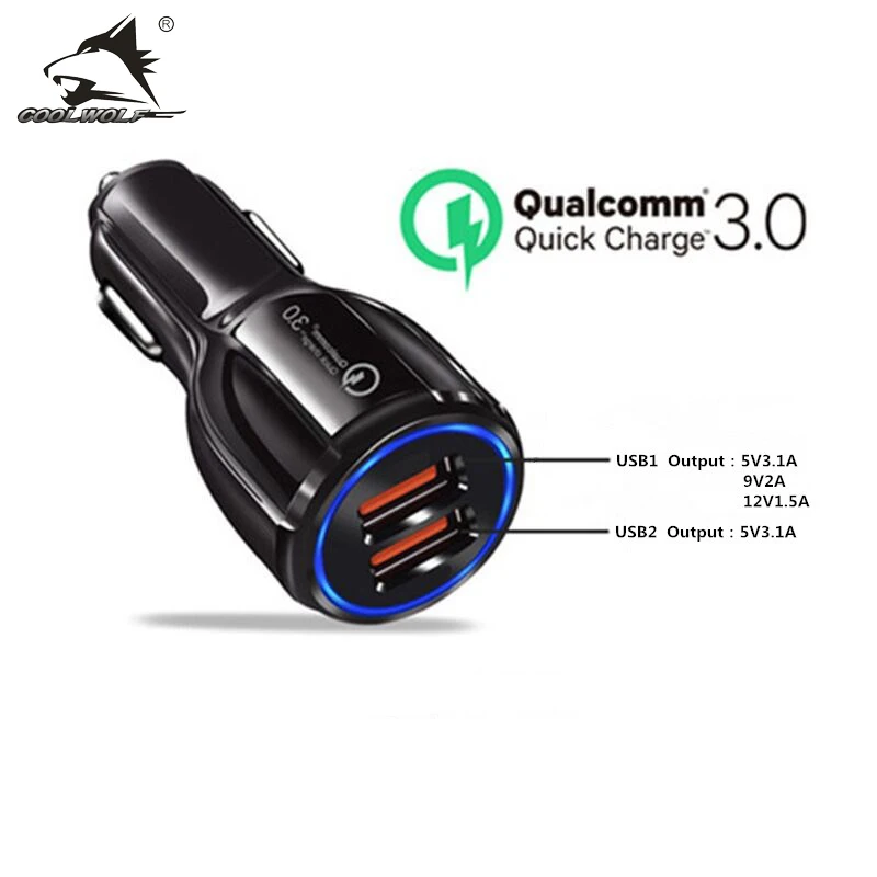 COOLWOLF 18 Вт QC3.0 автомобильное зарядное устройство с двумя портами USB для быстрой