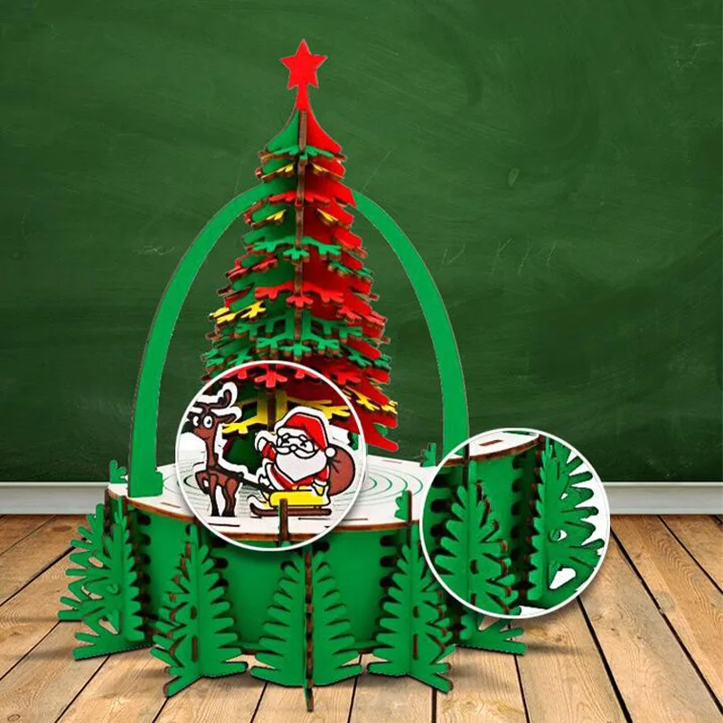 

3d Wooden Puzzle Christmas Tree Carousel Kids Handmade Toy Three-dimensional Building Blocks Christmas Present Decoration